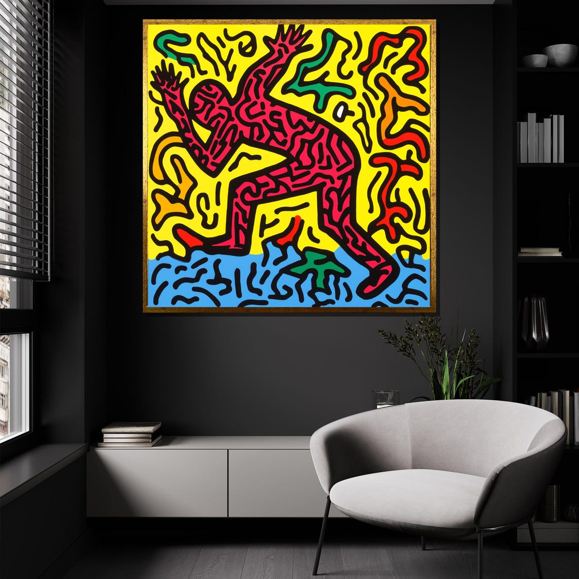 Keith Haring Inspired Bold Red Dancer Neon Yellow Pop Art Poster - Image 2