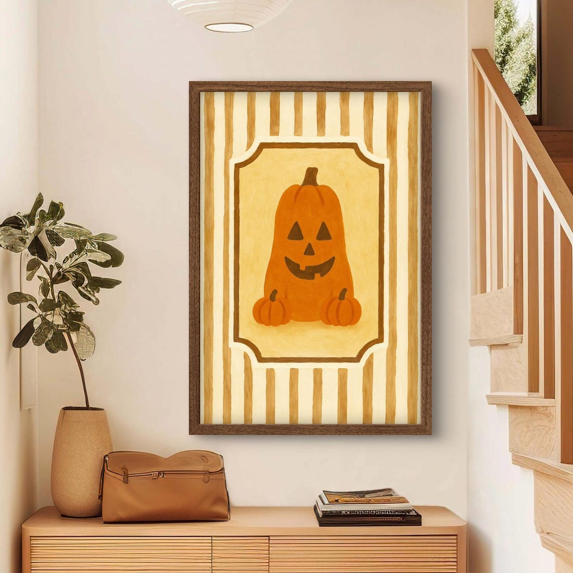 Smiling Jack O Lantern Cute Halloween Fall Decor Striped Art Poster