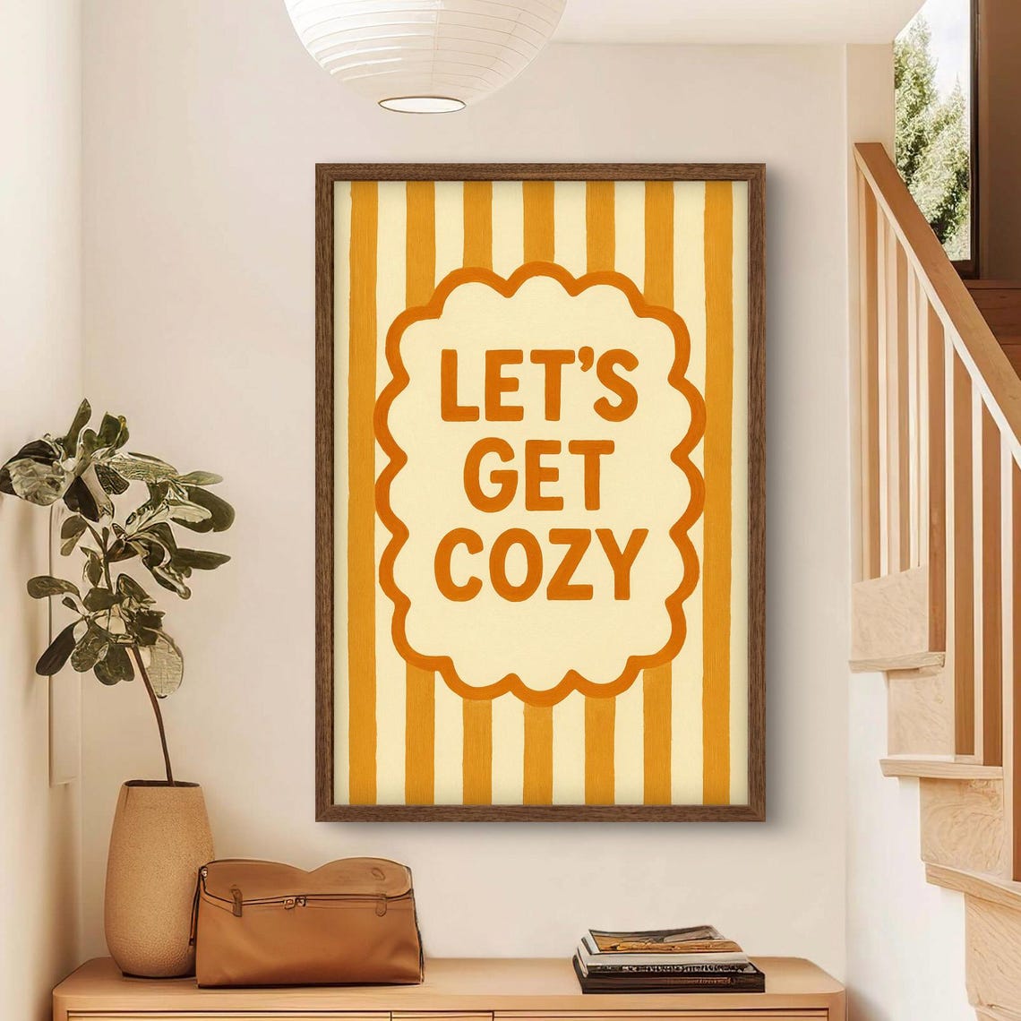 Let's Get Cozy Retro Orange Striped Autumn Quote Typography Poster