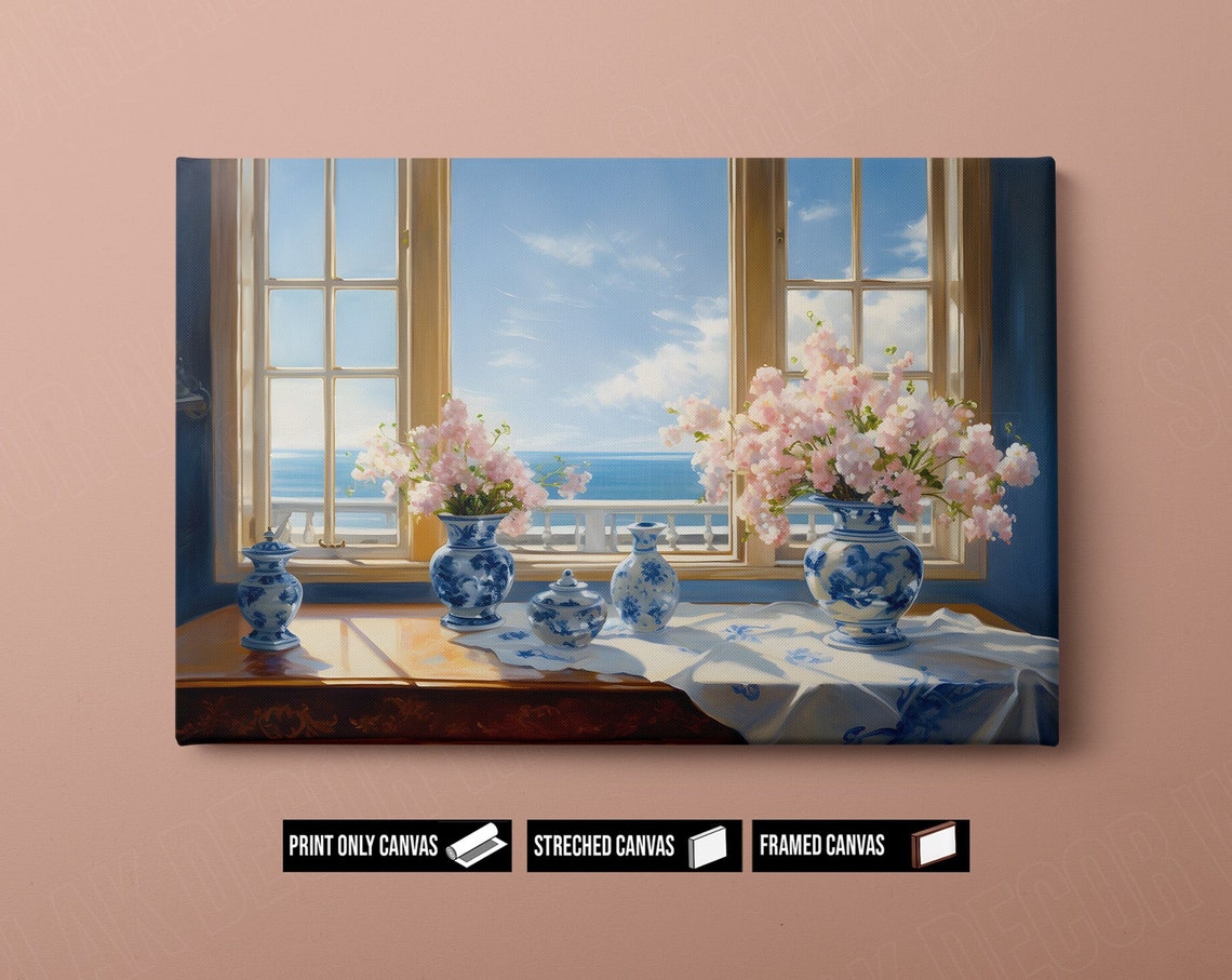 Sea View Window Still Life Pink Flowers Blue Vase Coastal Wall Art