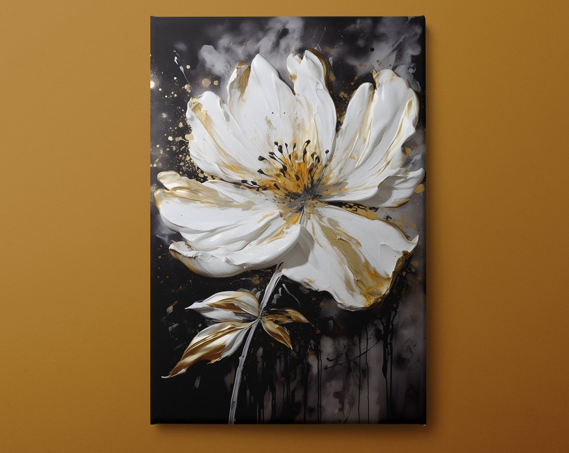 White Bloom Gold Leaf Accents Black Background Palette Knife Wall Art