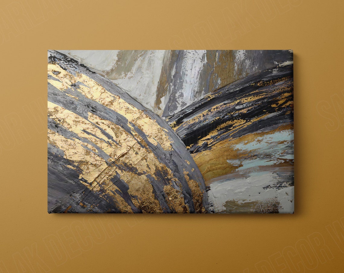 Gold Leaf Grey Black Modern Abstract Brushstrokes Luxury Home Wall Art