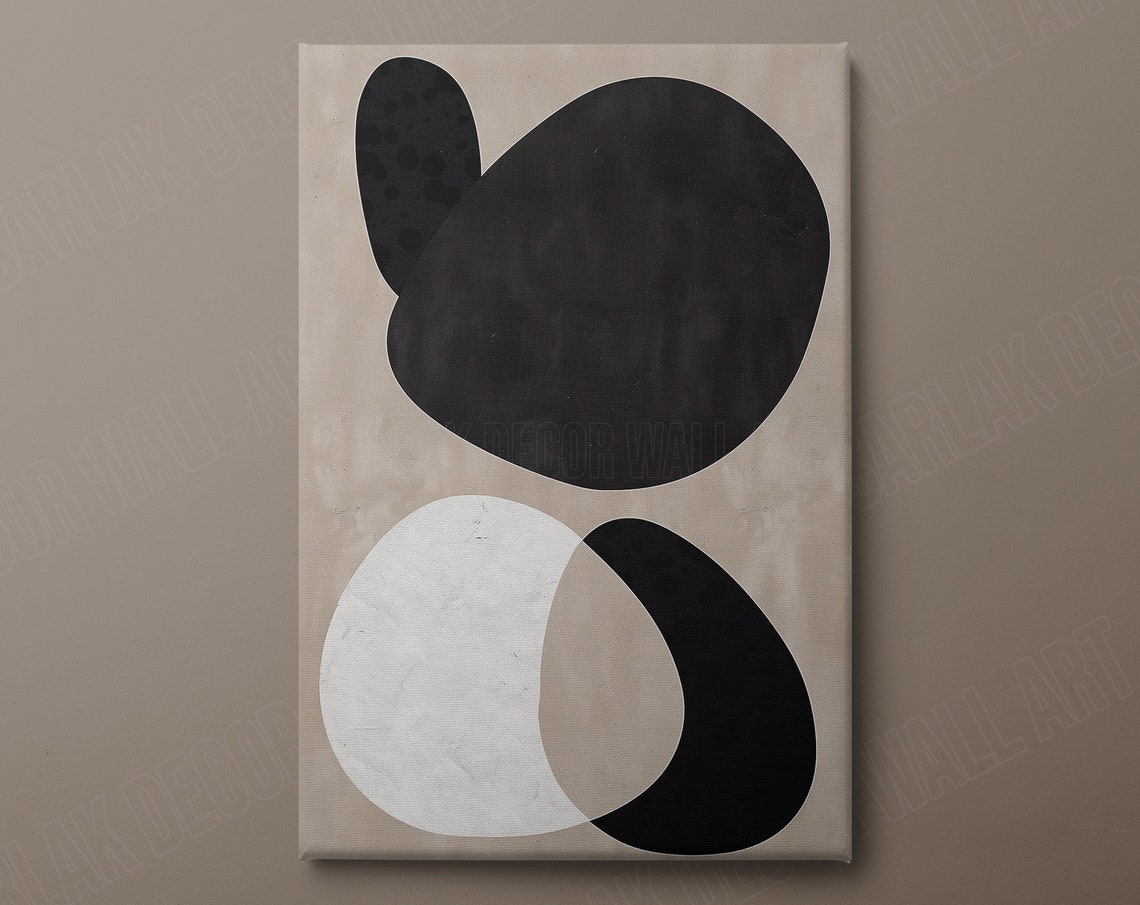Beige Black White Organic Shapes Minimalist Modern Abstract Wall Art