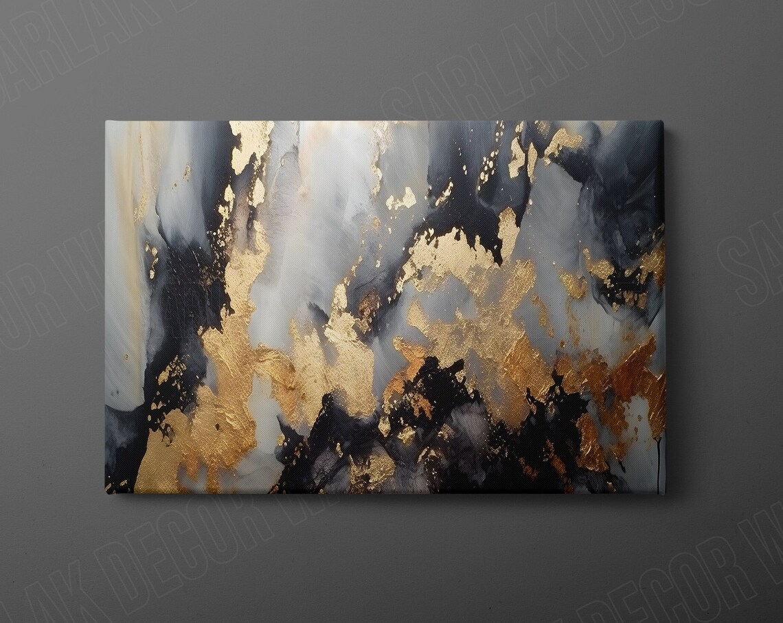 Marble Swirl Gold Veins Black White Silver Modern Abstract Wall Art