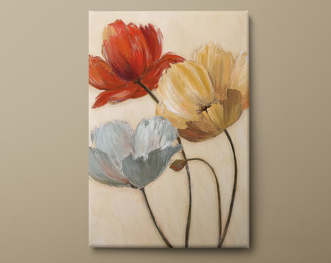 Red Yellow Blue Grey Poppies Trio Minimalist Botanical Wall Art