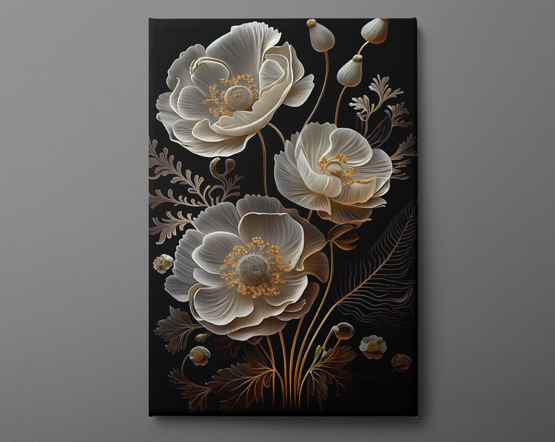 White 3D Floral Bloom Gold Detail Black Background Elegant Wall Art