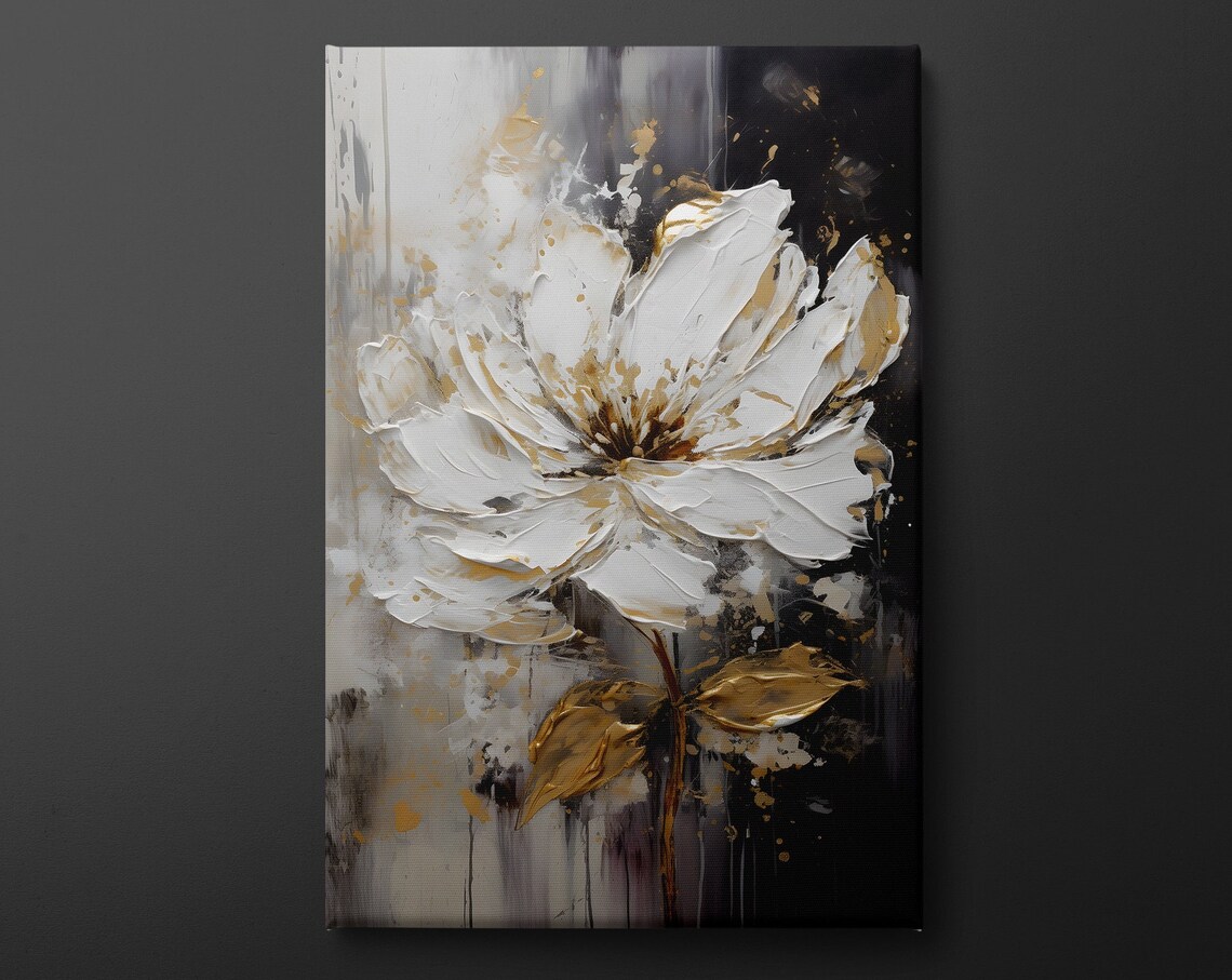 White Flower Gold Leaf Palette Knife Dark Background Elegant Wall Art