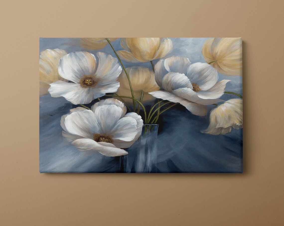 White Yellow Flowers Glass Vase Blue Grey Soft Painting Wall Art