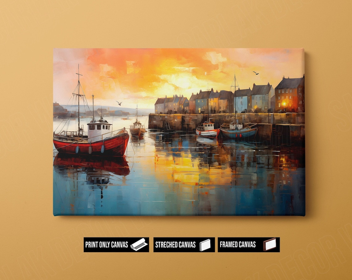 Colorful Fishing Boats Harbor Sunset Impressionist Travel Poster