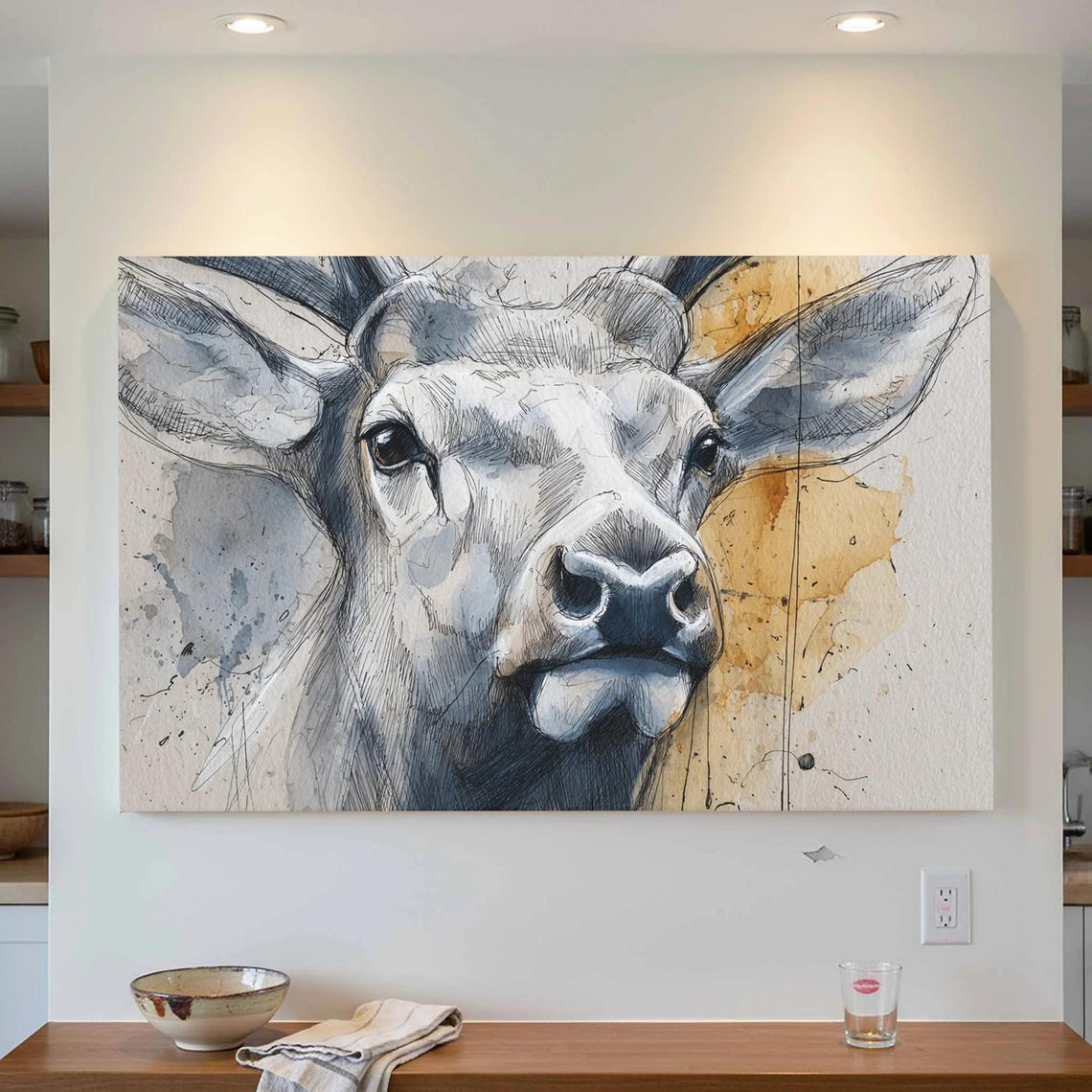 Deer Face Close Up Ink Sketch Wildlife Forest Portrait Wall Art