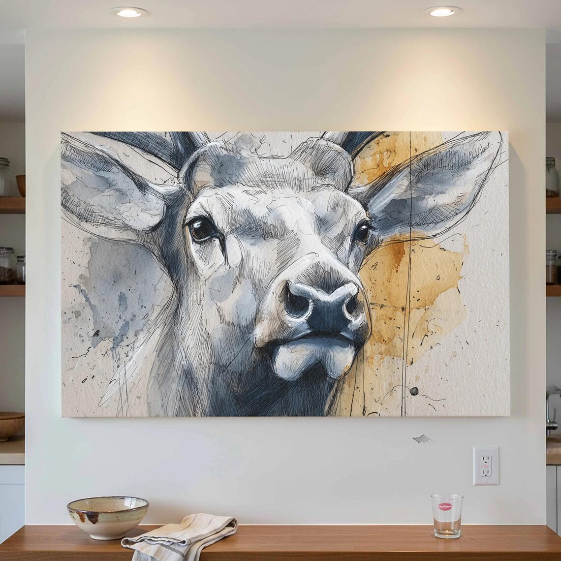 Elk Portrait Canvas Wall Art Rustic Wildlife Watercolor Print