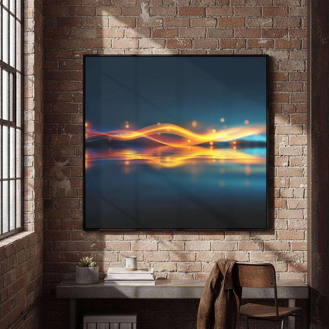 Abstract Golden Wave Art Print Modern Blue Gradient Light Motion Decor