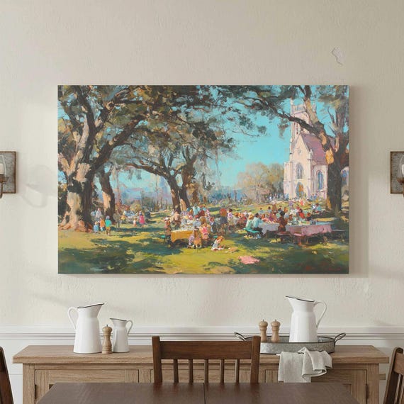 Southern Church Picnic Canvas Print Impressionist Oak Tree Art