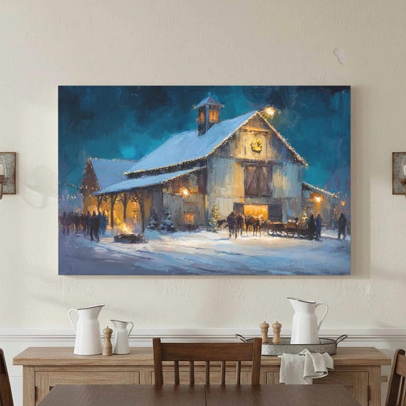 Winter Barn Wedding Canvas Print Rustic Snow Scene Wall Art