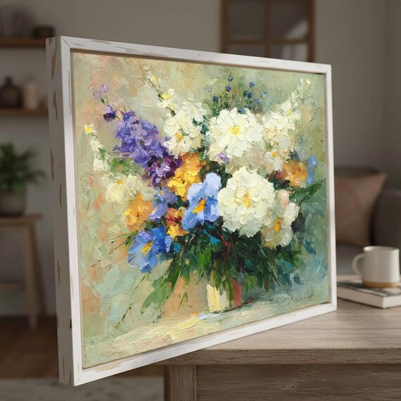 Impressionist Floral Bouquet Oil Painting White Purple Yellow Poster