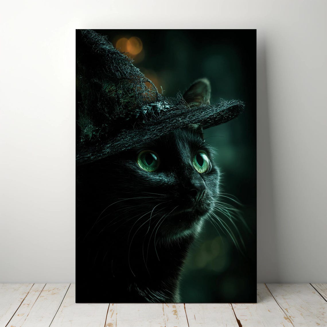 Black Cat Witch Hat Green Eyes Halloween Spooky Portrait Poster
