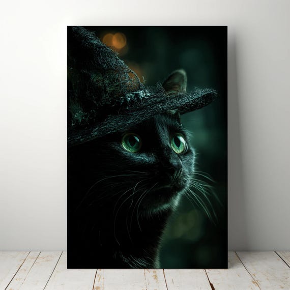 Black Cat Witch Hat Canvas Print Halloween Wall Art Decor