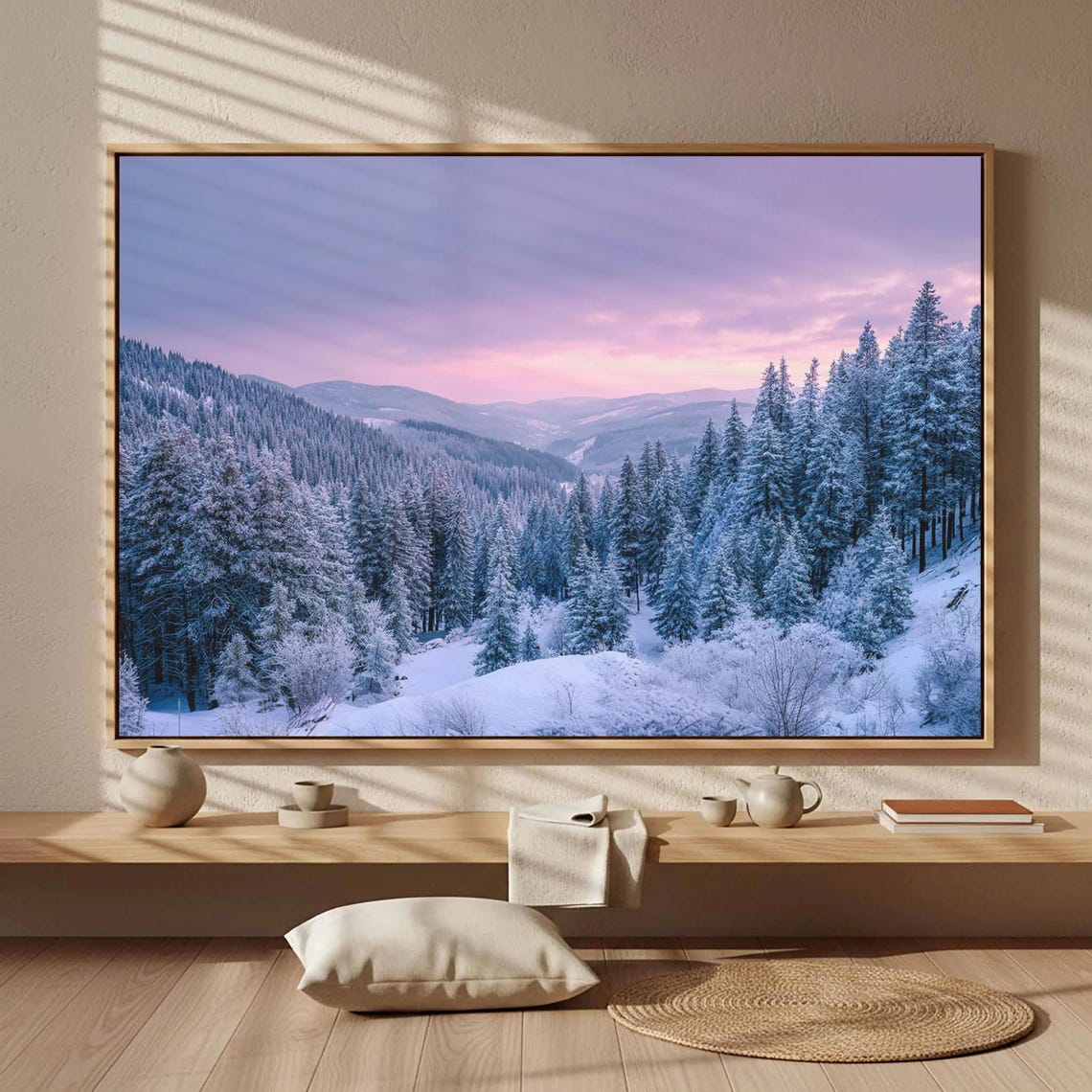 Winter Forest at Dusk Snowy Pines Purple Sky Mountain Landscape Poster