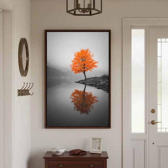 Orange Tree Lake Canvas Print Selective Color Wall Art