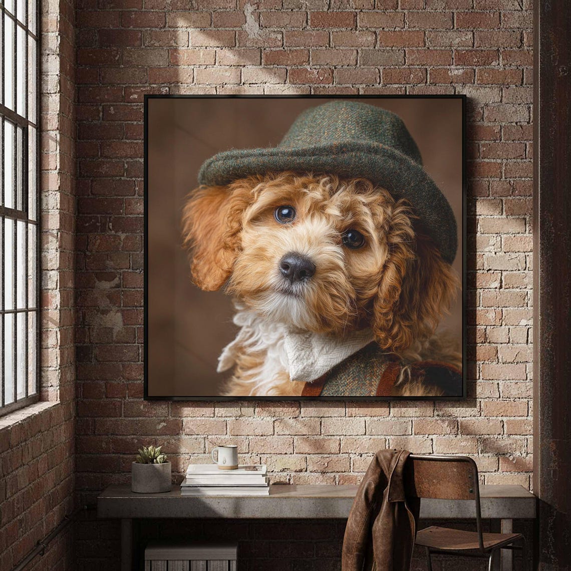 Cavapoo Puppy Wearing Tweed Hat Charming Dog Portrait Poster