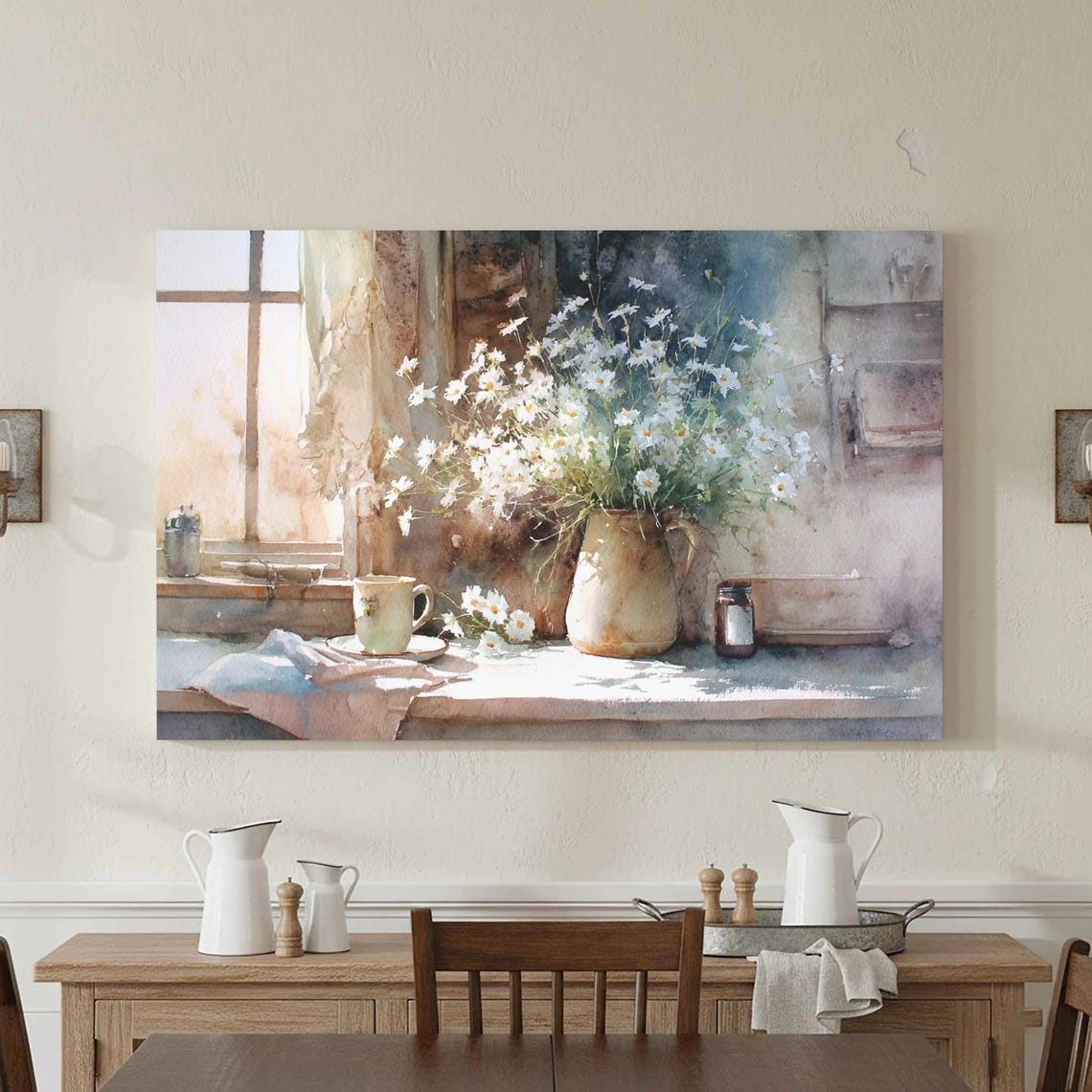 White Daisies Watercolor Jug Bouquet Rustic Window Still Life Poster