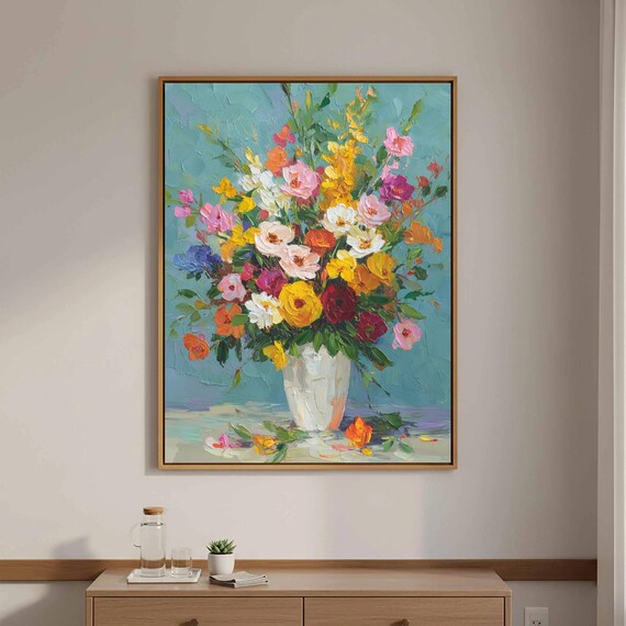 Vibrant Floral Bouquet White Vase Impasto Oil Painting Poster
