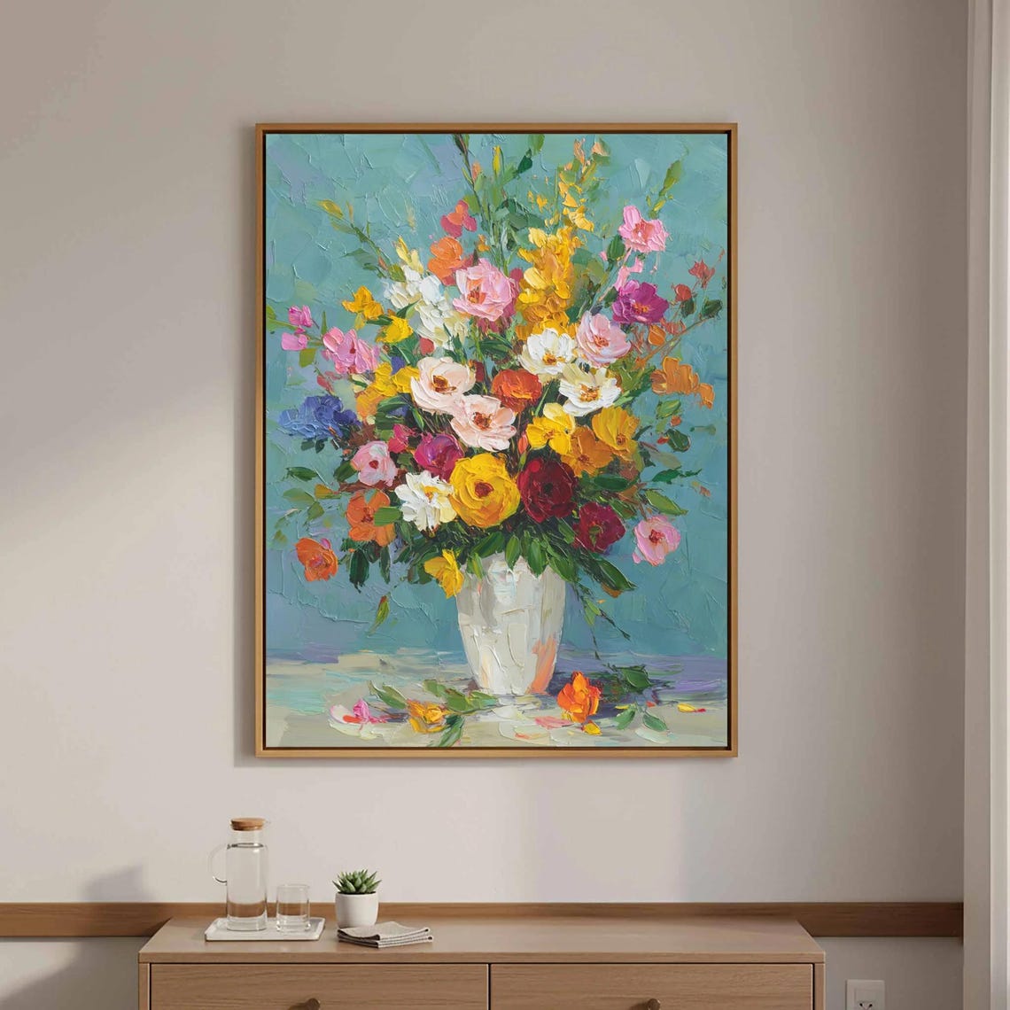 Vibrant Floral Bouquet White Vase Impasto Oil Painting Poster