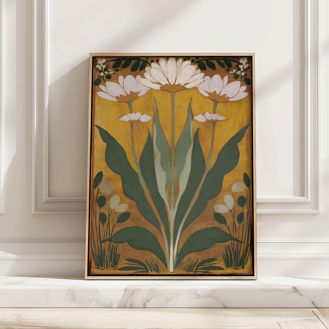 Art Nouveau White Daisies on Gold Vintage Botanical Art Poster