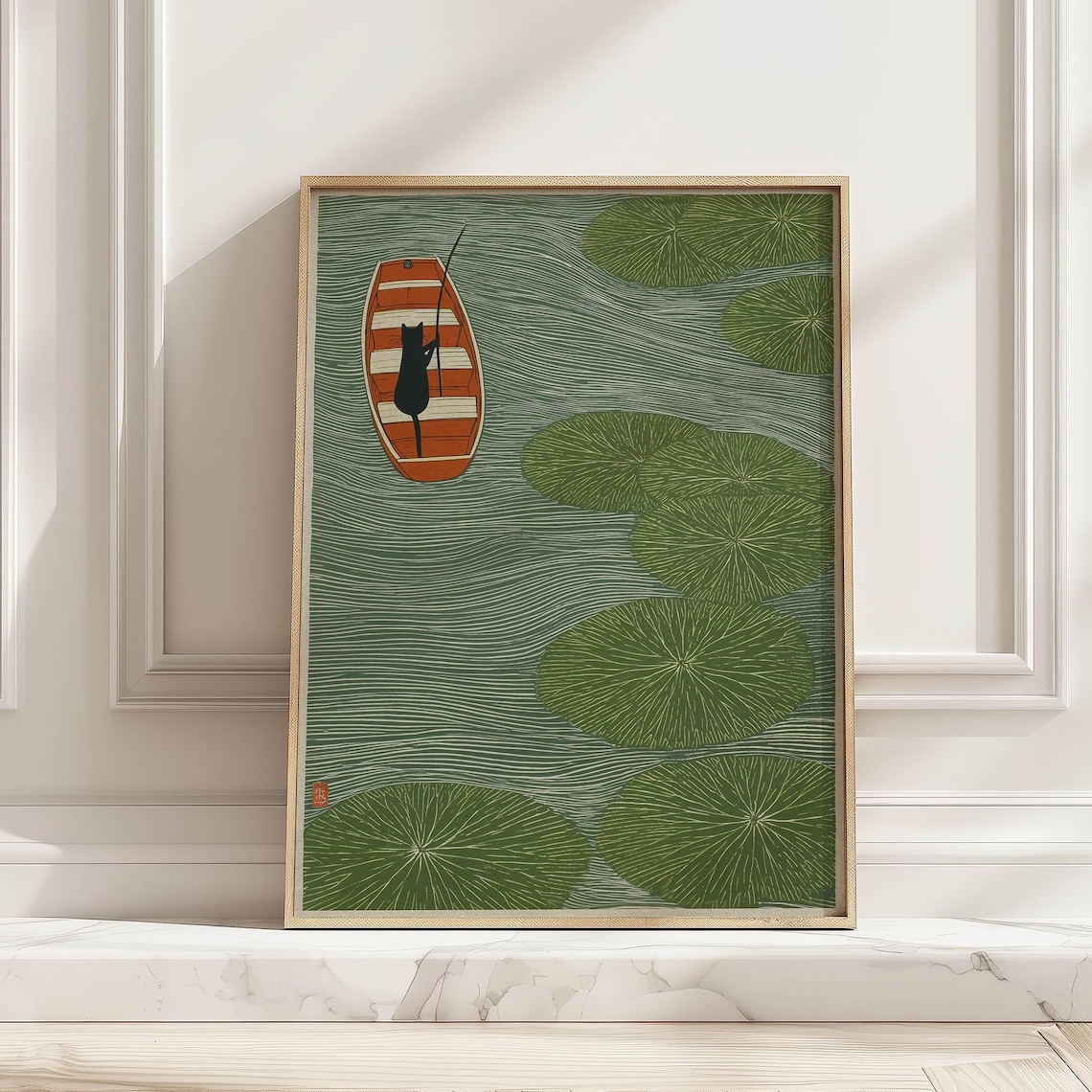 Japandi Black Cat In Boat, Japanese Pond Scene