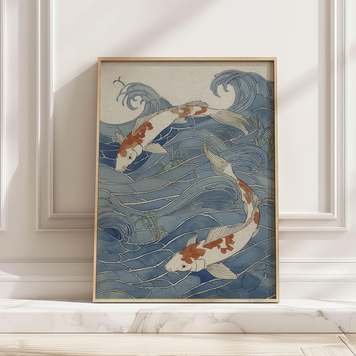Blue Waves With Koi Fish, Modern Japanese Art Print