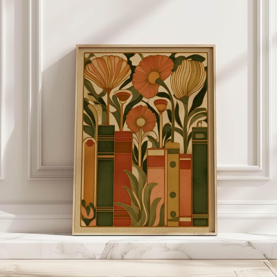 Midcentury Modern Bookshelf Illustration, Cozy Reading Nook