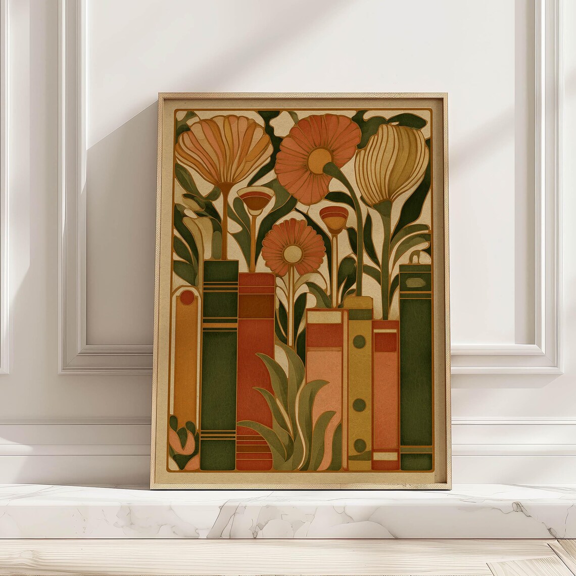 Midcentury Modern Bookshelf Illustration, Cozy Reading Nook