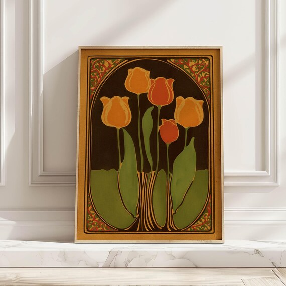 Amber Tulips Art Nouveau Dark Brown Floral Vintage Wall Poster