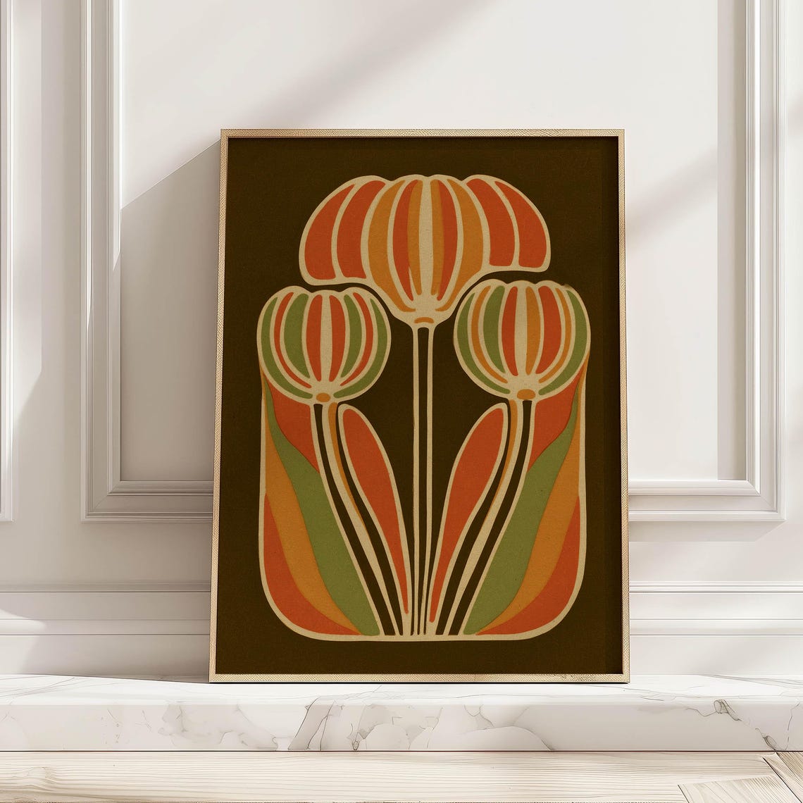 Midcentury Modern Stylized Tulip Blooms in Orange and Green Art Poster