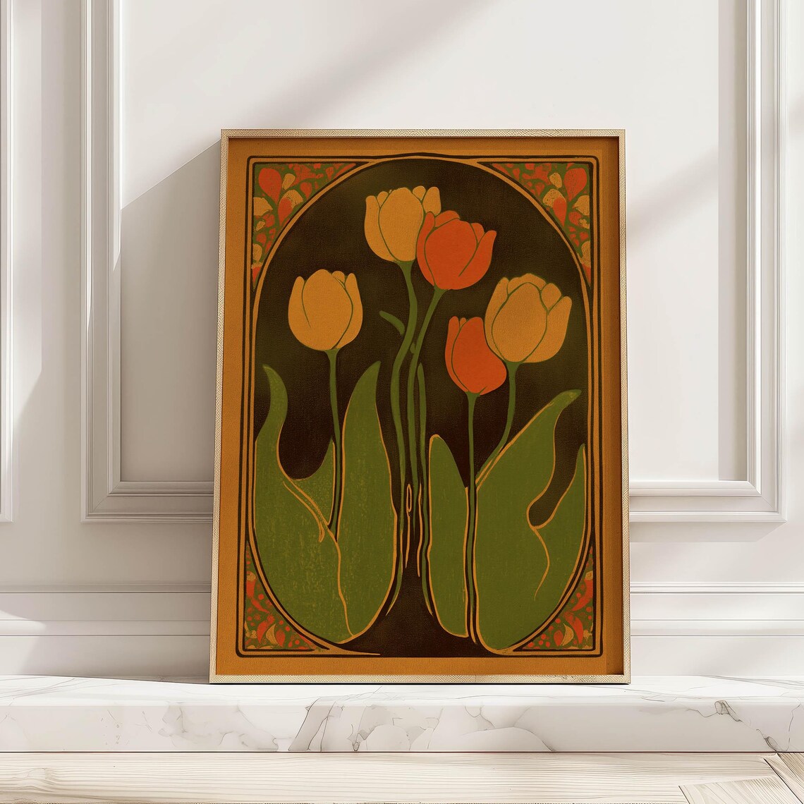 Midcentury Modern Orange Tulips Art Nouveau Style Floral Poster