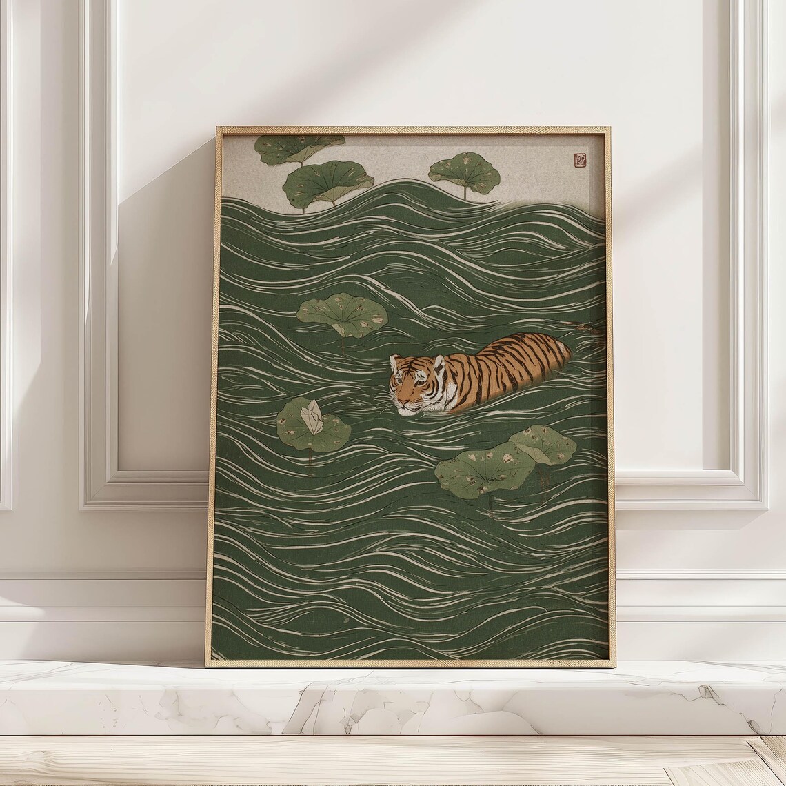 Tiger Swimming in Emerald Water with Lily Pads Japanese Style Art Poster