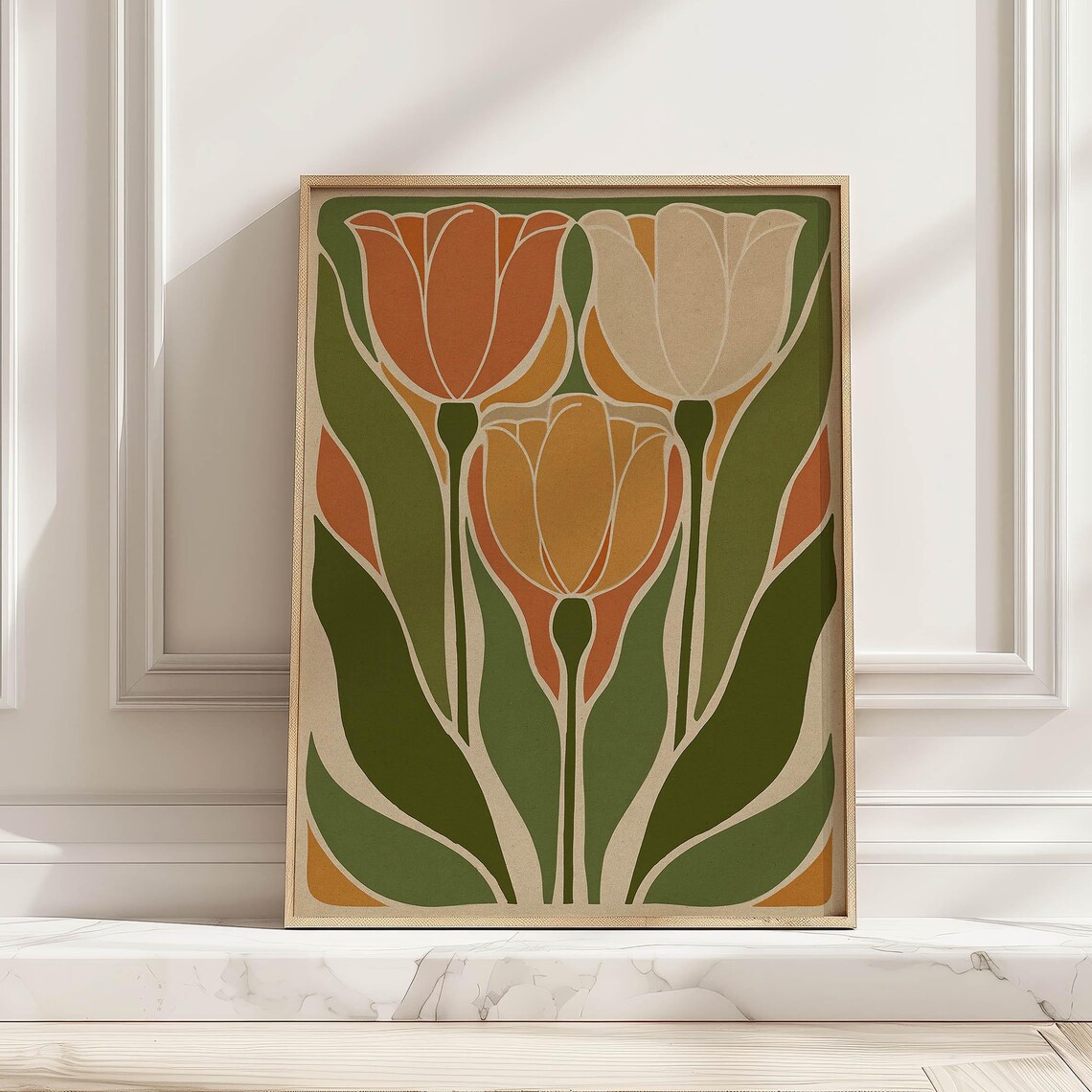 Mid Century Modern Tulip Orange Cream Retro Floral Art Poster