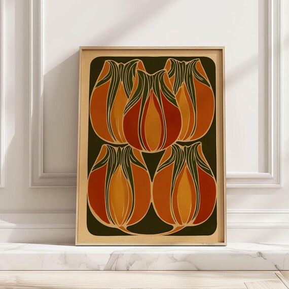 Art Nouveau Tulips Illustration Retro Orange Floral Arch Style Poster