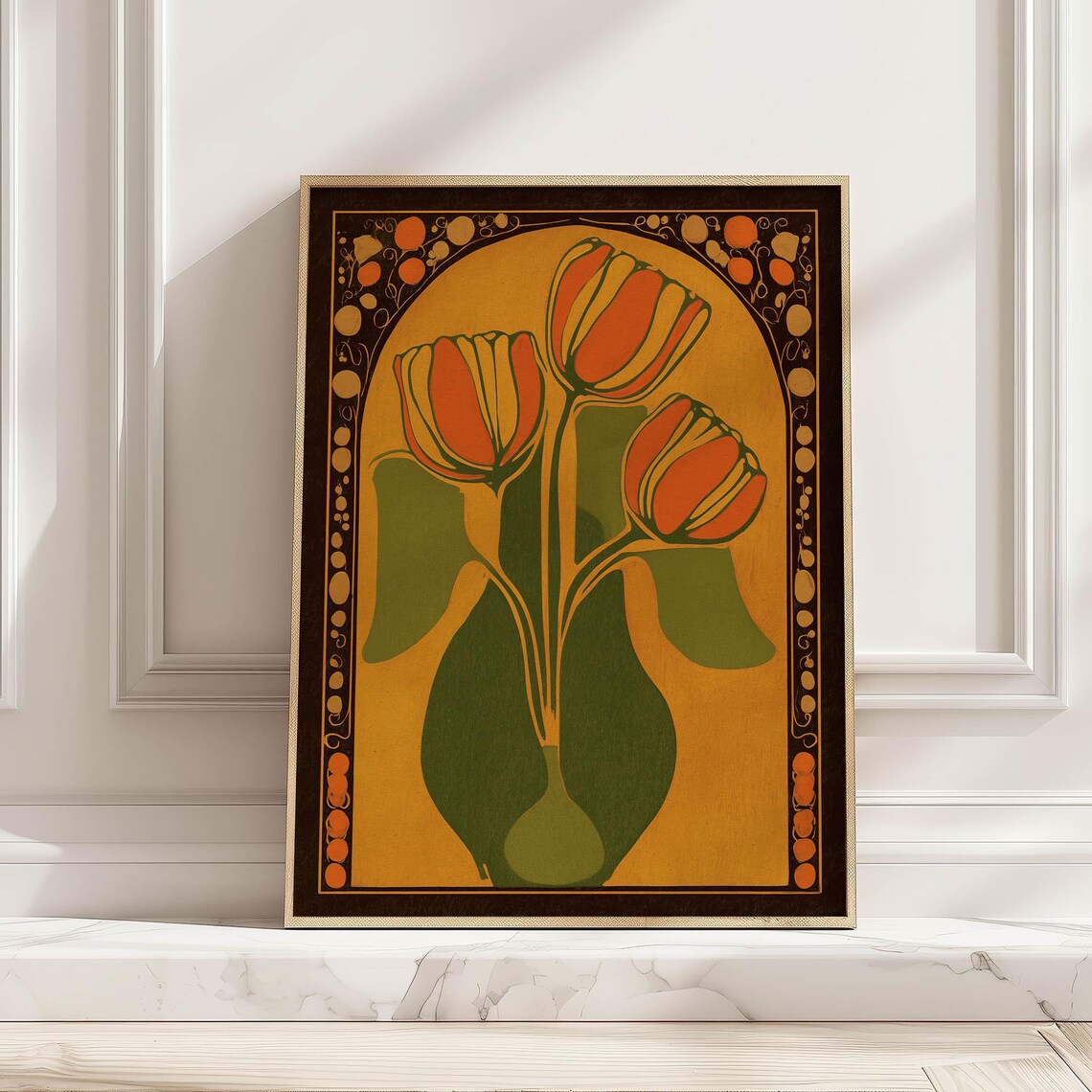 Tulip Flower Art Nouveau Illustration Retro Orange Green Wall Art