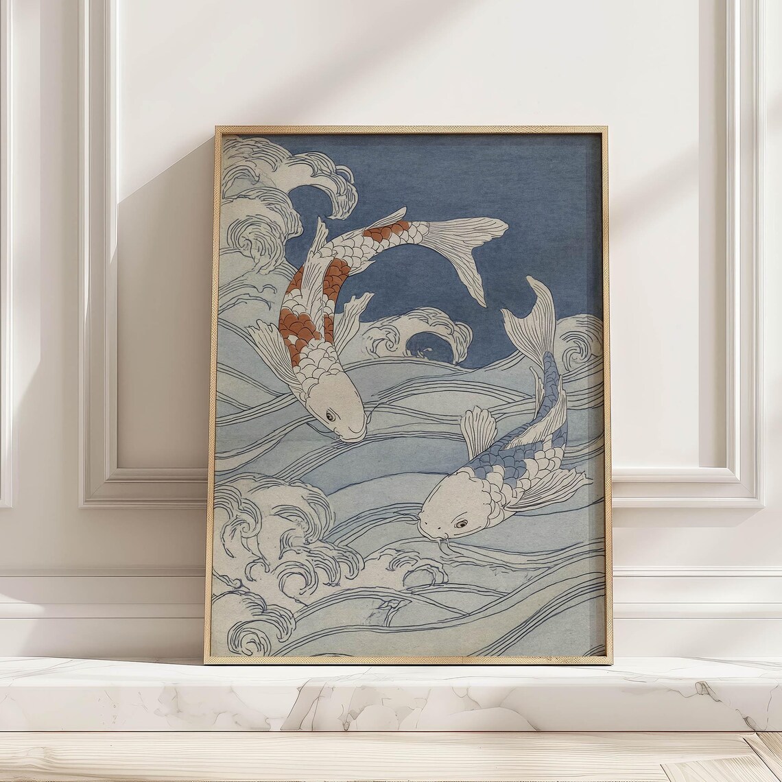 Koi Fish Pair Swimming in Rolling Blue Waves Japanese Woodblock Art Poster
