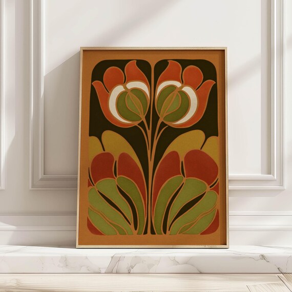 Twin Tulips Art Nouveau Orange Green Retro Folk Floral Illustration Poster