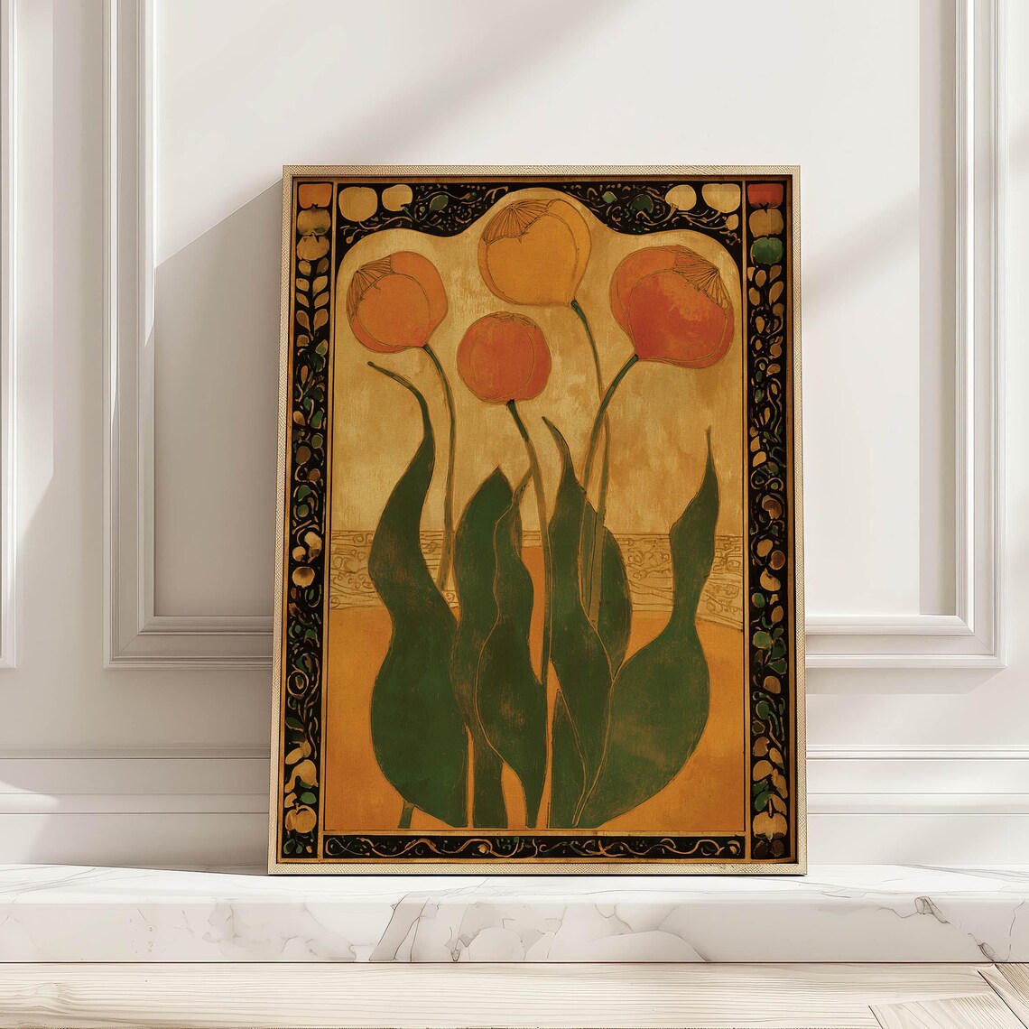 Golden Art Nouveau Tulip Print, Vintage Floral Art Print