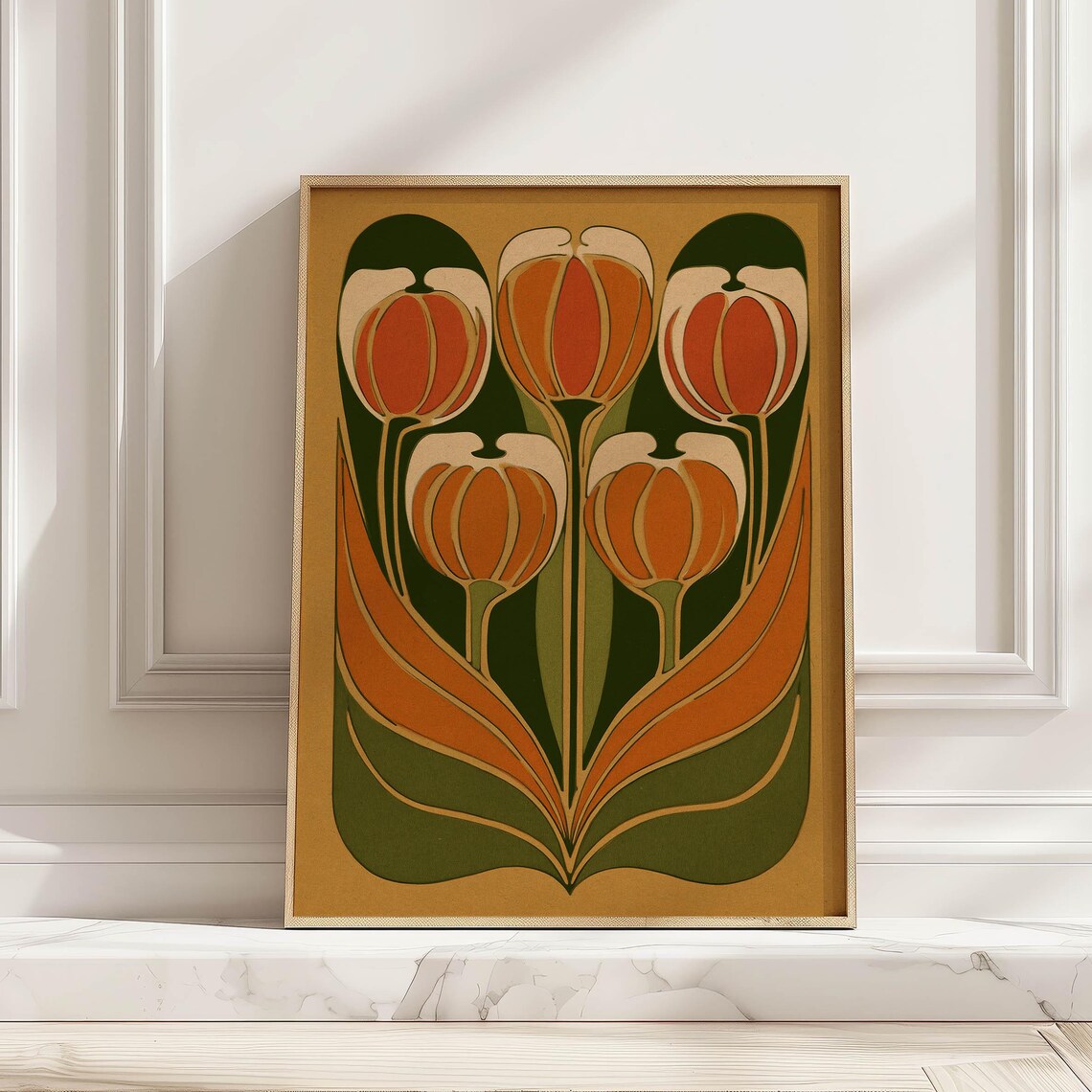 Orange Tulips Art Nouveau Botanical Retro Flower Midcentury Poster