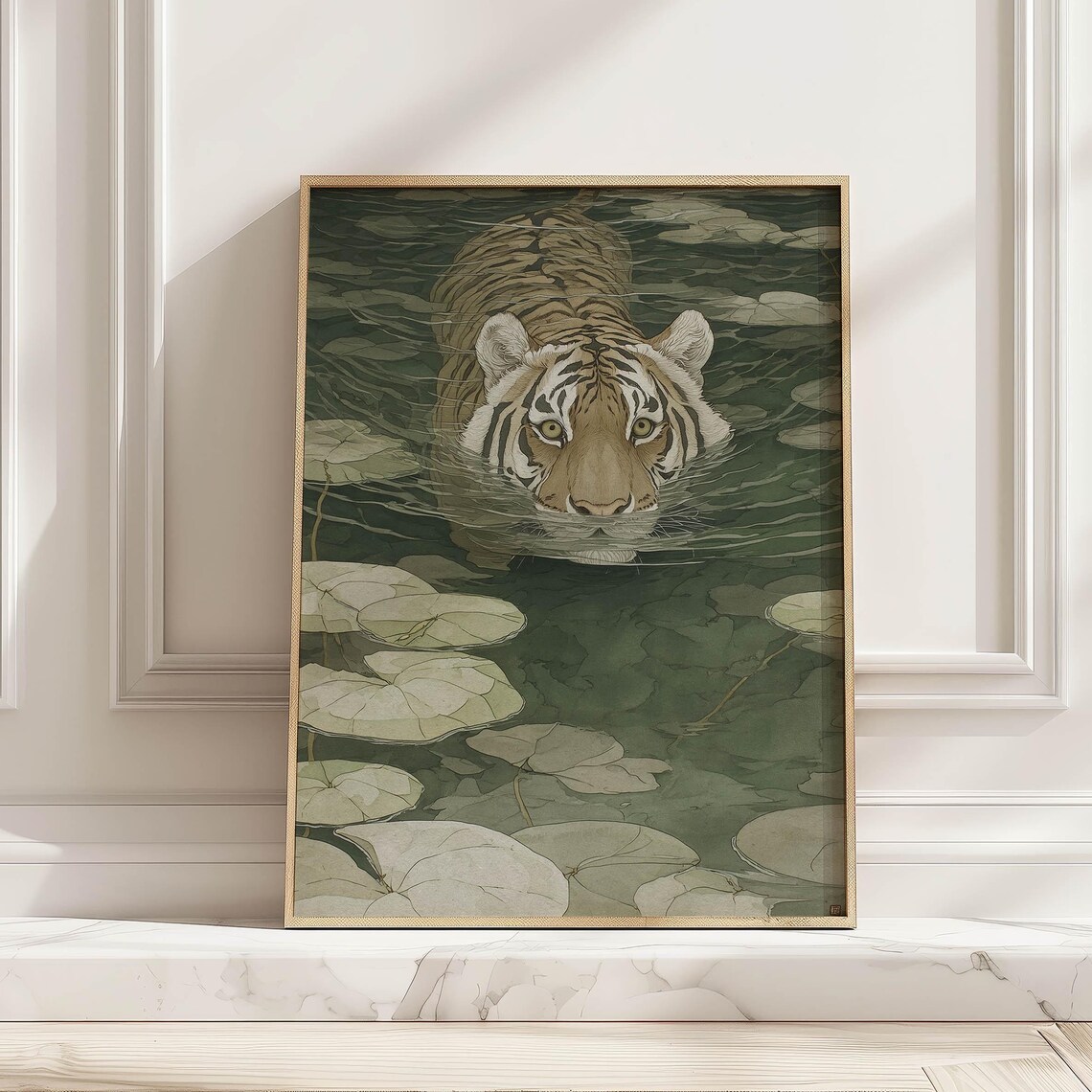 Japandi Tiger In Water Art Print, Animal Poster