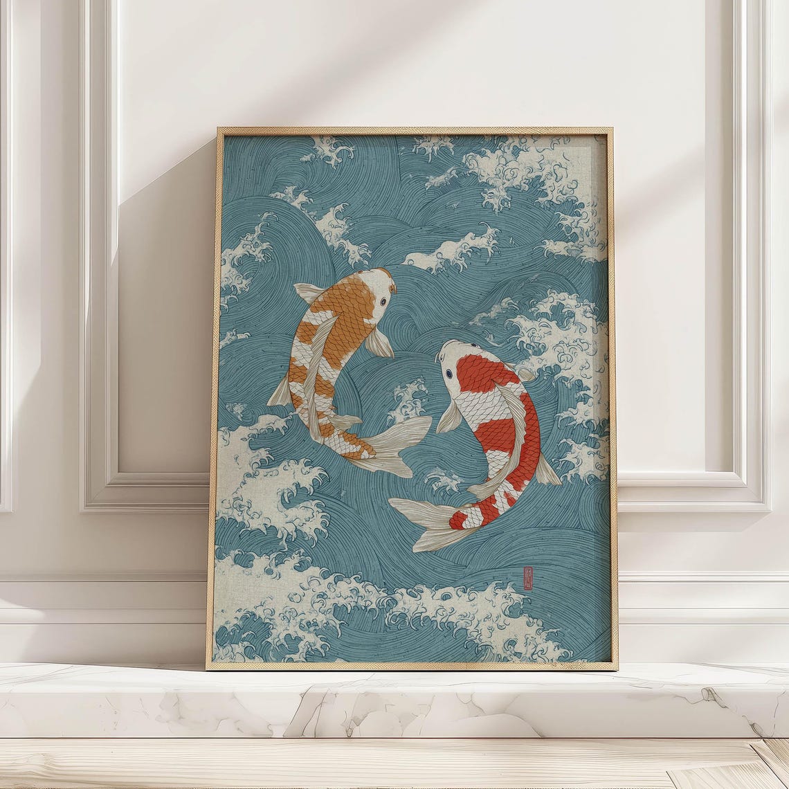 Japanese Koi Fish Pair Blue Ocean Waves Asian Inspired Poster