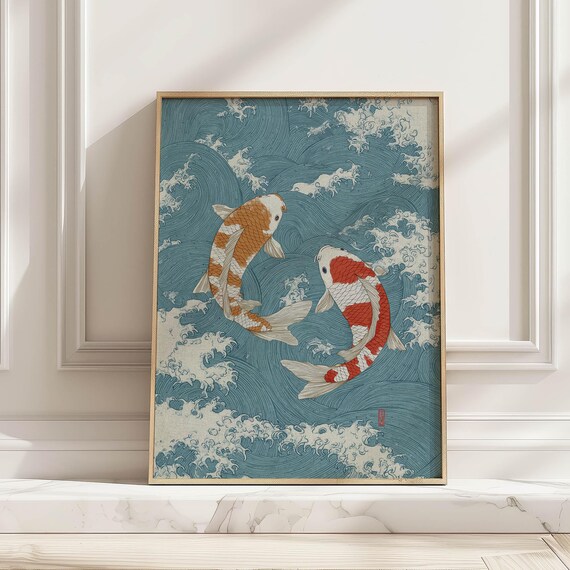 Japanese Koi Fish Pair Blue Ocean Waves Asian Inspired Poster