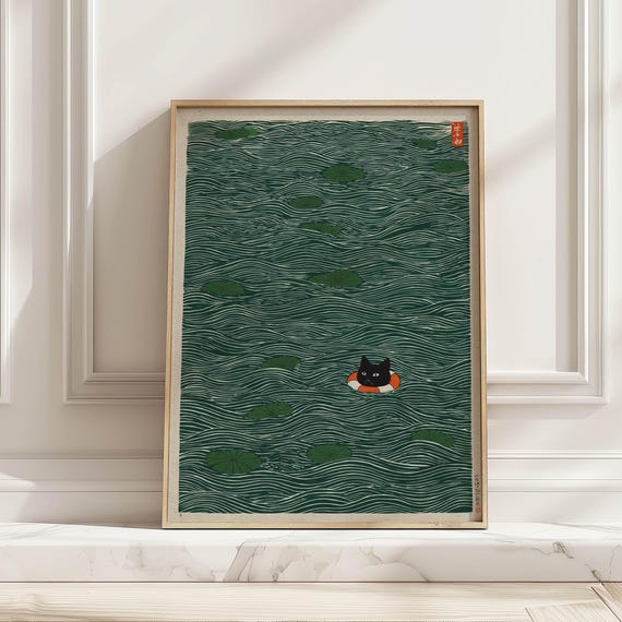 Vintage Japandi Cat In Waves Wall Art Print Japanese Woodblock Poster Minimalist Decor