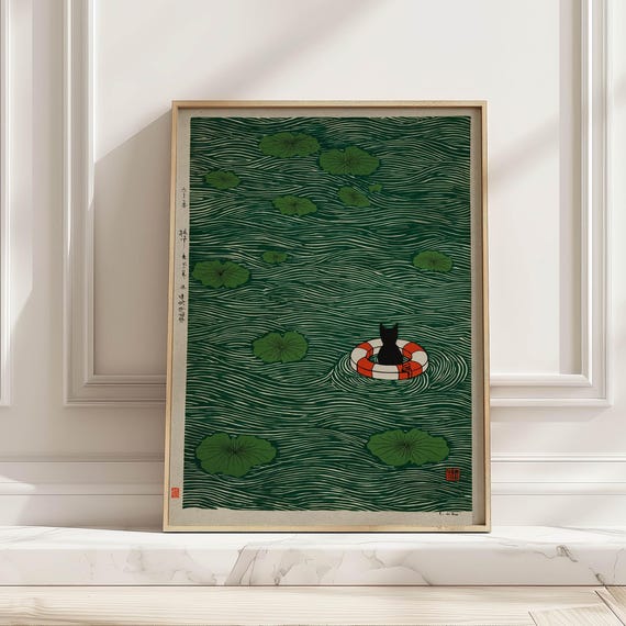 Emerald Green Japanese Cat In Lily Pond Wall Art Print Modern Minimalist Poster