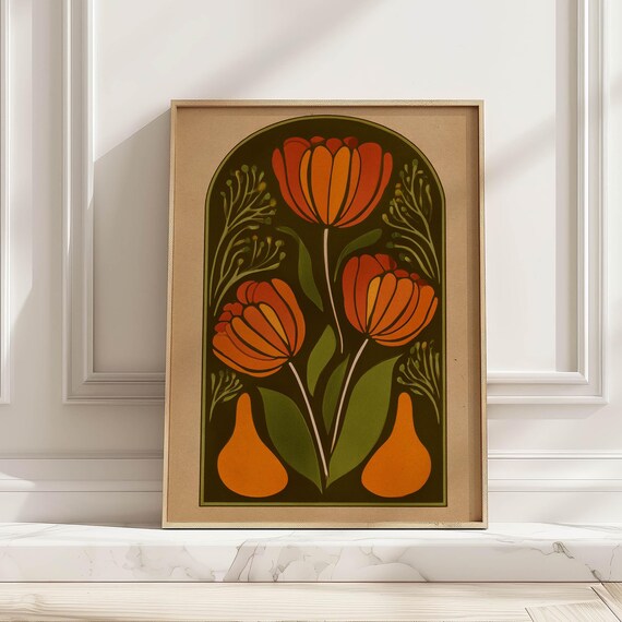 Orange Tulips Arched Art Nouveau Dark Olive Vintage Floral Poster
