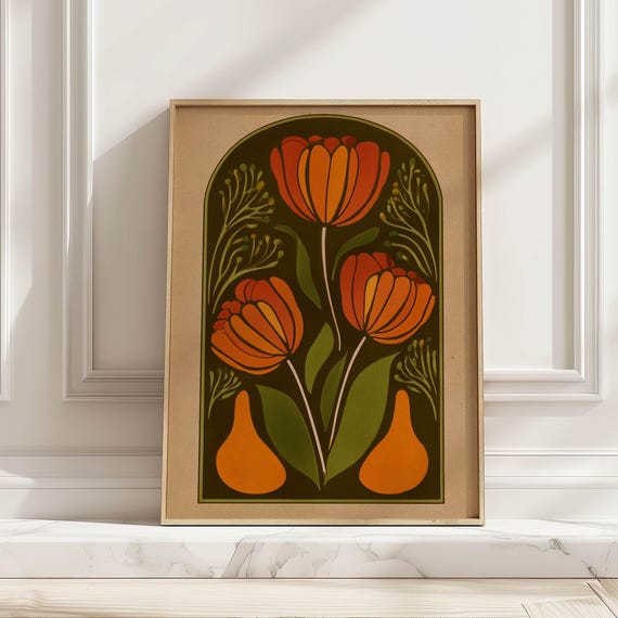 Vintage Floral Tulip Art Print Mid Century Botanicals Poster Orange Green Retro Wall Decor